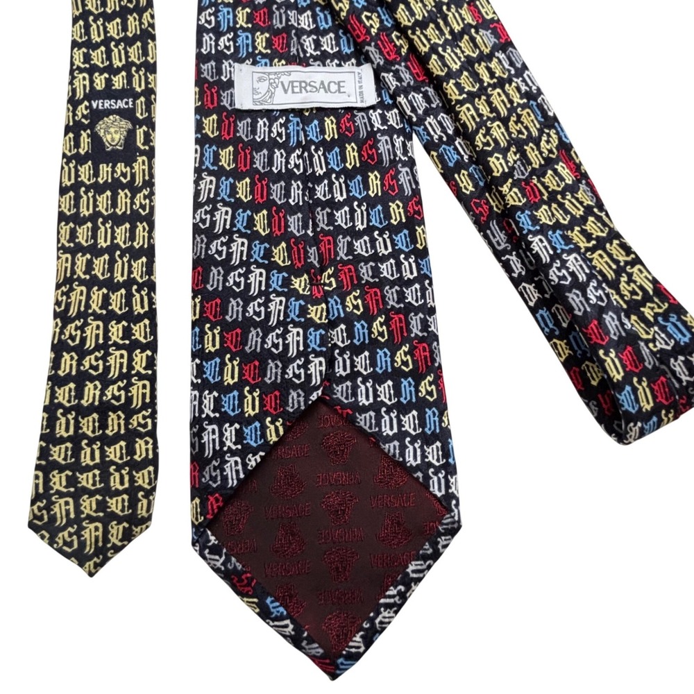 Versace Silk Tie Gothic Lettering Medusa Logo Luxury Aesthetic Italy